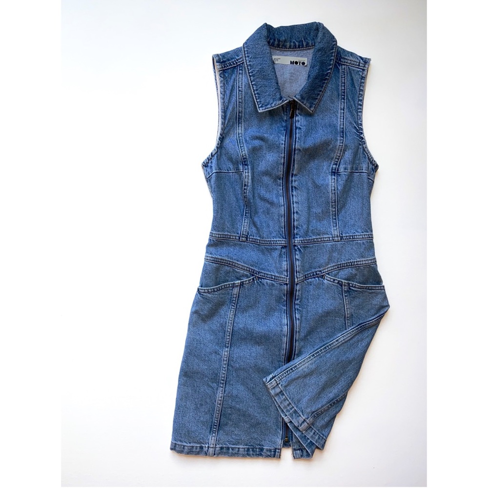 Sleeveless Zip-Front Denim Dress in Blue